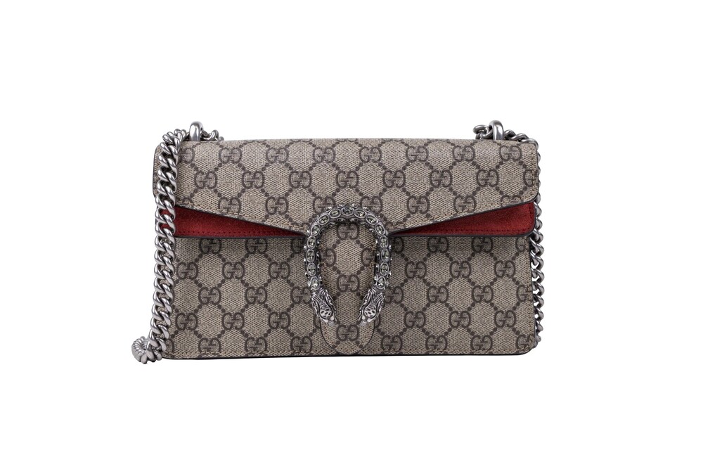 Gucci Brown Red GG Supreme Canvas Dionysus Shoulder Bag Silver Hardware